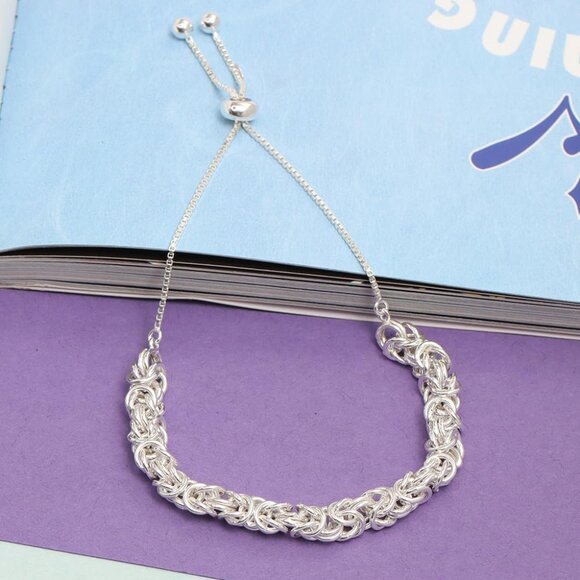 Sterling Silver Bolo Bracelet Italian Handmade Byzantine Adjustable Chain Women - Picture 5 of 7